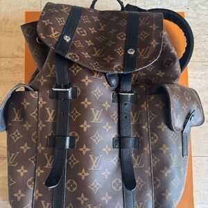 Louis Vuitton Christopher PM backpack Monogram Macassar canvas Brown/ black trim
